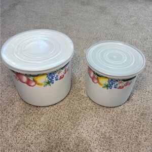 Vintage GMI Enamel Fruit and Floral White Storage Canisters with Lids Storage